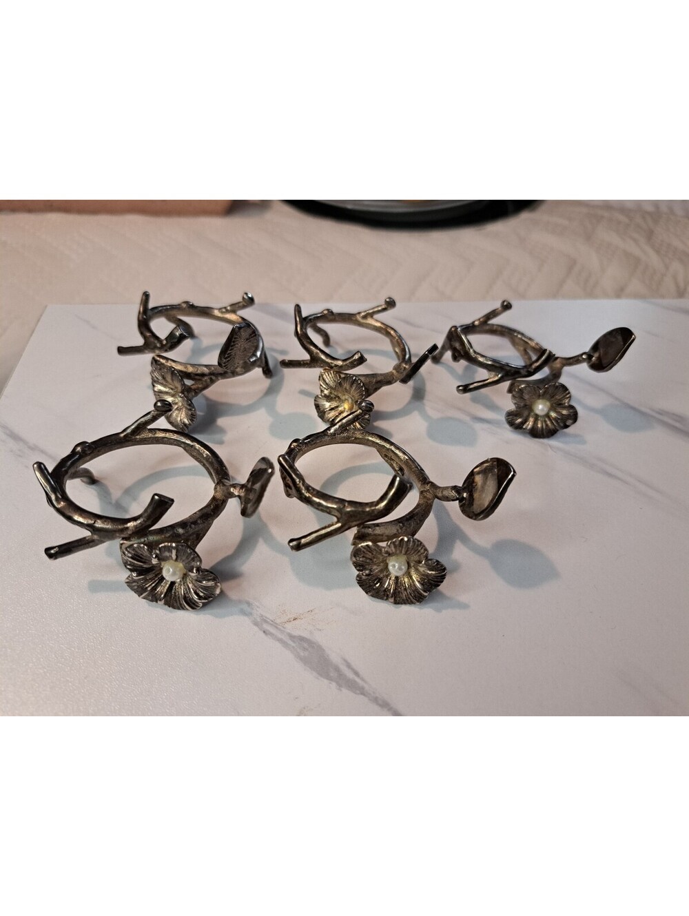 Vintage Set-5 Orchid Antiqued Silver w/ Pearls Michael Aram Style Napkin Rings
